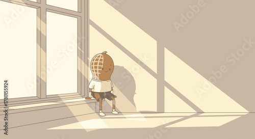 A Curious Peanut-Headed Figure Contemplating Sunlight Near A Window, Sunny Day