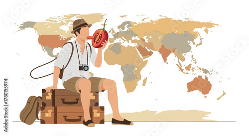 A Curious Traveler Tasting Tomato With World Map Background Conceptual Artwork