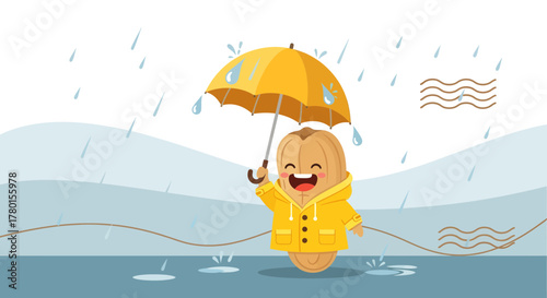 A Cheerful Nut Character Enjoying the Rainy Weather Under a Sunny Yellow Umbrella