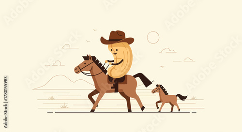 A Cheerful Peanut Cowboy Rides a Horse in the Desert with a Colt Under the Sun