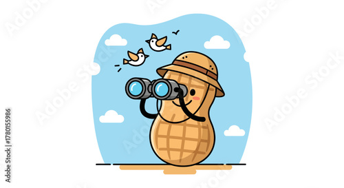 A Curious Peanut With Binoculars Observing Flying Birds Against Blue Sky Background