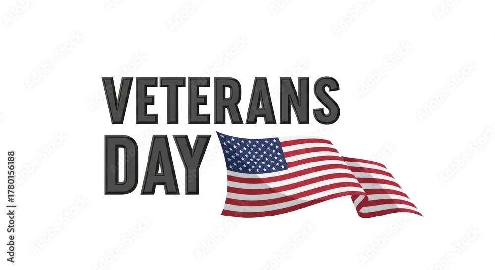 Naklejka premium Veterans Day Text with Waving American Flag on White Background