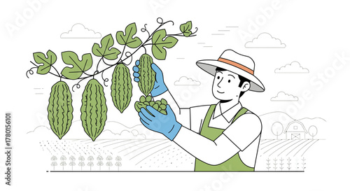 A Farmer Harvesting Bitter Melon Vegetables in a Lush Field with Farm Structures