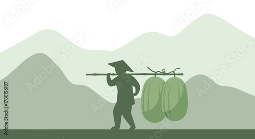 A Farmer Carries Produce Across a Mountainous Landscape in Monochromatic Tones