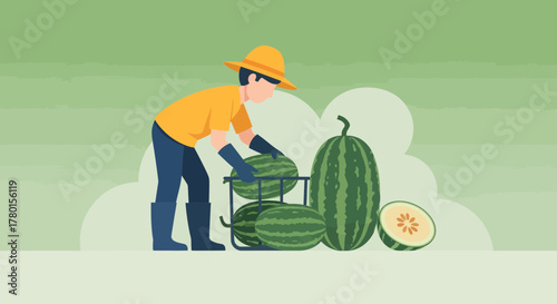A Farmer Harvesting Watermelons, Illustrating Agriculture and Fresh Seasonal Produce Concepts
