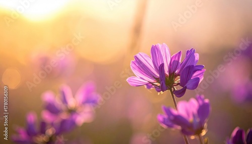 Fototapeta Naklejka Na Ścianę i Meble -  Delicate purple wildflowers bathed in warm golden hour sunlight creating a dreamy bokeh background in a meadow at sunrise