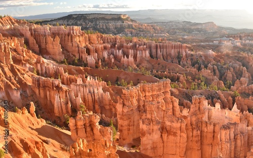Orange hoodoos at sunrise in the amphitheater of Bryce Canyon National Park in Utah.
