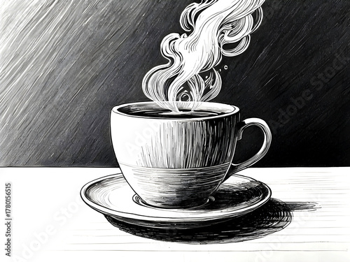 Elegant black and white illustration of a steaming cup of coffee on a saucer. Detailed line art style with rich contrast, perfect for café decor, posters, prints, or vintage design themes.