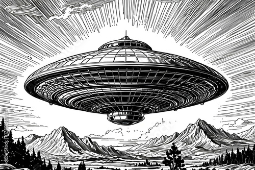 Detailed monochrome illustration of a large UFO flying above mountain scenery. Retro sci-fi art with dramatic lighting and fine linework, perfect for posters, comics, or alien-themed designs.