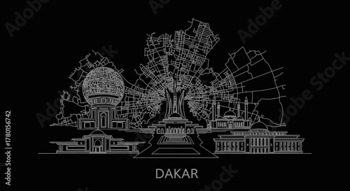 Minimalist white line art illustration of the Dakar, Senegal city skyline featuring famous landmarks and an intricate street map design on a black background