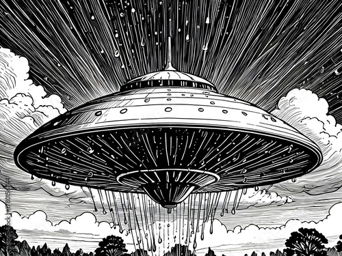 Vintage-style black and white UFO illustration with glowing beams radiating across the sky. Detailed sci-fi artwork with dramatic lines, perfect for posters, comics, or science fiction designs.
