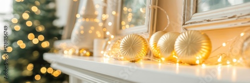 Golden christmas ornaments and lights on a mantelpiece for holiday decoration