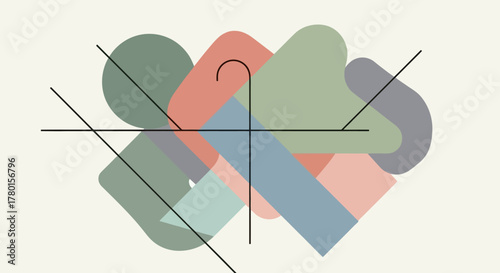 Abstract composition of geometric shapes and lines with muted colors for design and art