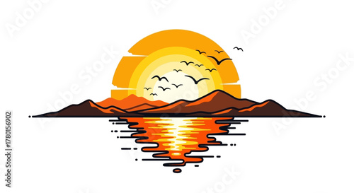 Sunset over mountains and water, birds flying, nature scene, reflection, illustration