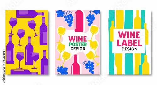 Colorful Wine Posters and Labels with Bottles, Glasses, and Grape Decorations for Beverage Design