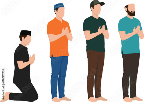 Muslim men praying vector illustration, diverse Salah postures and attire, spiritual worship scene for religion, culture, education, and design
