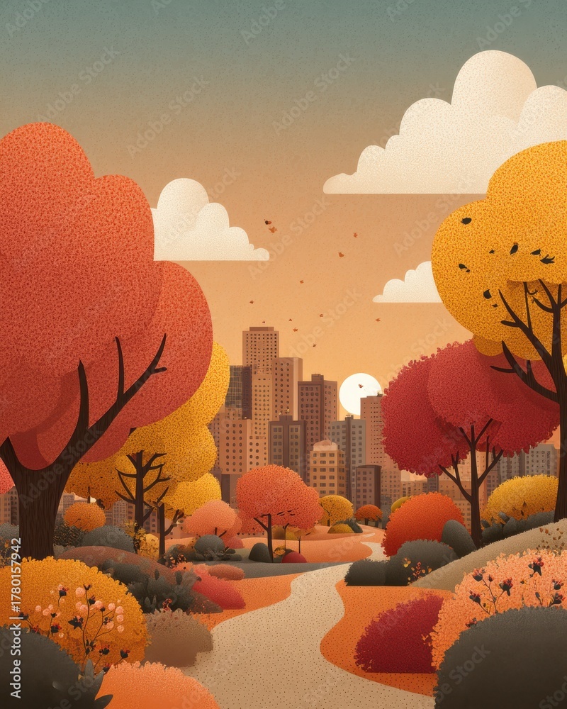 Fototapeta premium Autumn city park scene with orange trees, buildings, and winding path in warm sunset tones