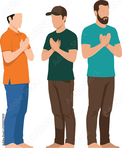 Muslim men in prayer vector illustration, standing Salah posture with clasped hands for religion, culture, spirituality, education, and design themes