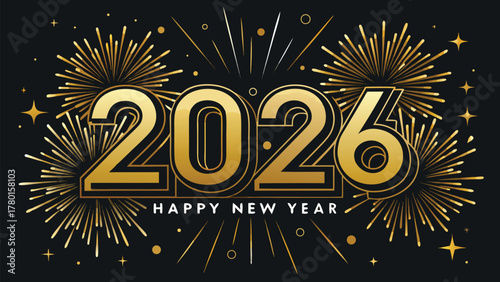 Happy new year 2026 golden numbers and sparkling fireworks burst