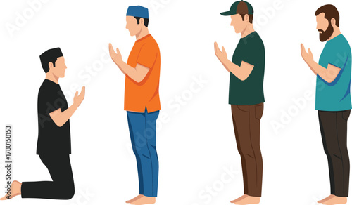 Muslim men praying vector illustration, diverse worship postures and attire, spiritual moment for religion, culture, education, and peaceful design themes