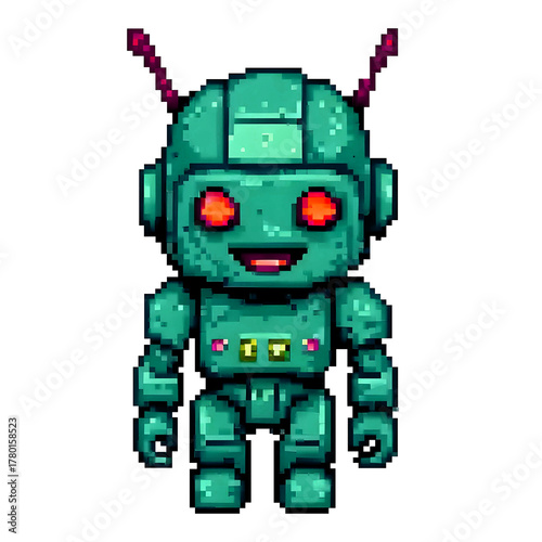 Pixel art of a cute green robot with glowing red eyes and antennae, designed in retro 8-bit style. Futuristic robotic character illustration perfect for video games, digital art, and sci-fi projects.