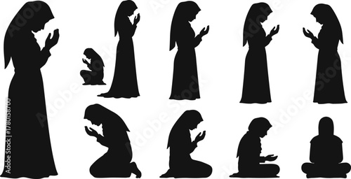 Muslim woman prayer silhouette vector set, diverse spiritual postures in Islamic worship for religion, culture, education, and peaceful design