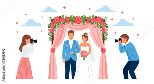 Capturing Eternal Love Happy Bride and Groom Pose for Professional Photographers at Their Joyous Wedding Ceremony Under a Beautifully Decorated Floral Arch