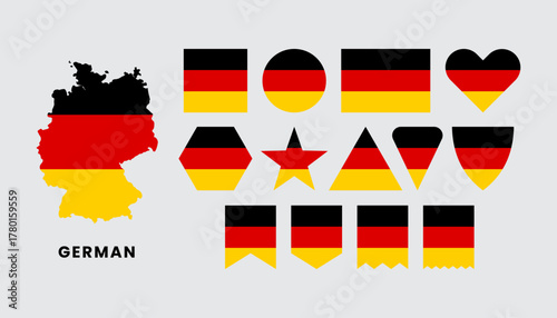 Set of German flags in various shapes and map silhouettes. Perfect for travel, infographic, education, and national celebration designs