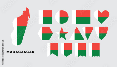 Madagascar flag set with various shapes and map silhouettes. Perfect for travel, geography, and national celebration designs