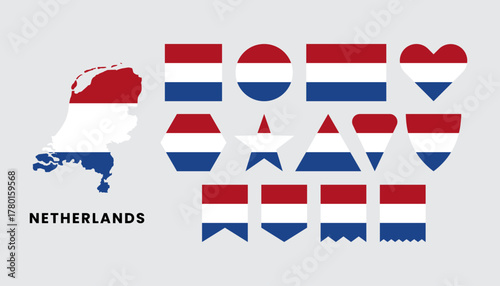 Set of Netherlands flags in various shapes and map silhouettes. Dutch national flag design for travel, infographic, and patriotic theme