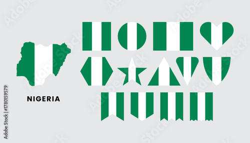 Set of Nigeria flags in various shapes with map silhouette. Vector illustration for national day, travel, or geography design
