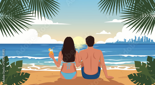 Couple enjoying sunset on tropical beach with ocean view, palm trees and cocktail drink
