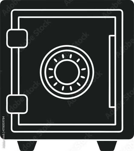 Black safe deposit box with white outline and dial
