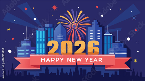 Happy new year 2026 celebration in city with fireworks display