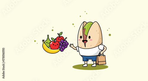 A Friendly Pistachio Mascot Presenting Fresh Fruits for Healthy Dietary Choices