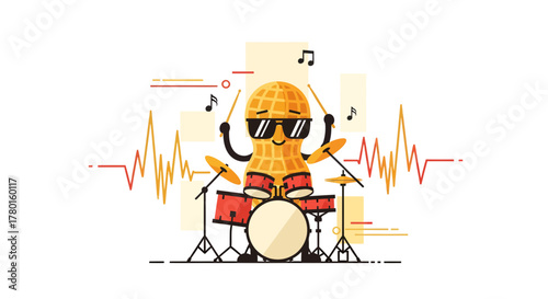 A Funky Peanut Character Rocking the Drums And Beats with Musical Notes Vibe