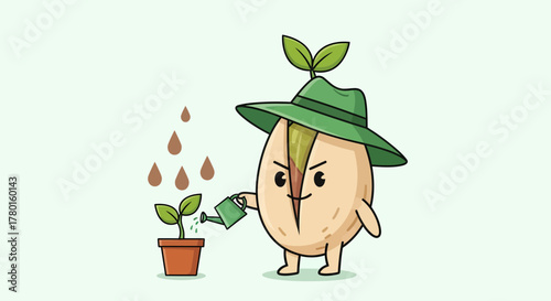 A Friendly Pistachio Character is Watering a Tiny Sapling in a Gardening Scene