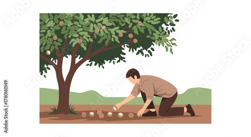 A Gardener Arranging Fresh Produce, Under a Fruitful Tree, Harvesting the Harvest's Bounty