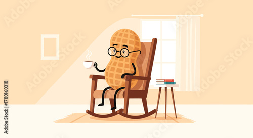 A Nut Enjoys The Morning Coffee And Relaxation In A Comforting Rocking Chair Setting
