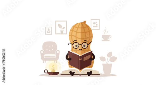 A Personified Peanut Reading a Book, Relaxing at Home, Studying with Glasses