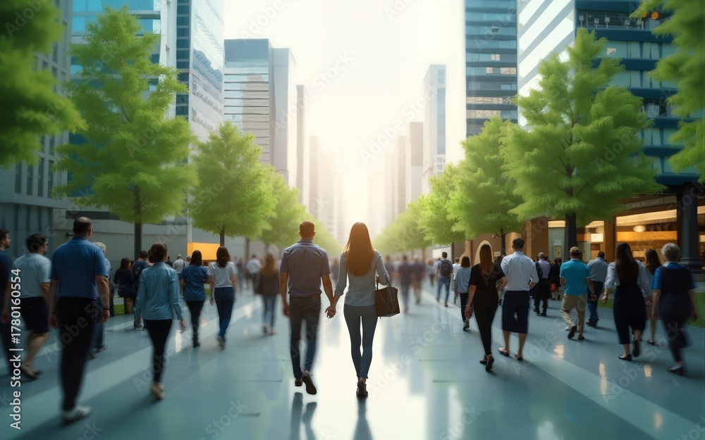 © Audrey - The concept of sustainability in business centers, crowds of business people walking at a corporate office in a green city downtown, abstract motion blur image with blurred background, generative AI © Audrey - The concept of sustainability in business centers, crowds of business people walking at a corporate office in a green city downtown, abstract motion blur image with blurred background, generative AI