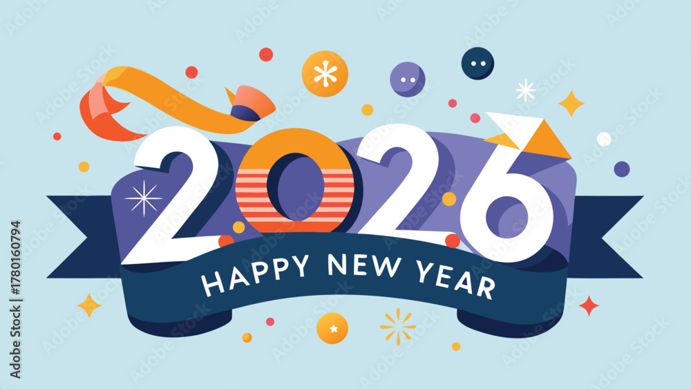 Naklejka premium Happy new year 2026 celebration vector illustration with ribbon
