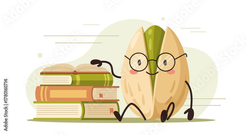 A Smart Pistachio Character With Glasses Enjoying Reading Books On A Light Green Background