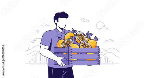 A Person Carrying a Wooden Crate Filled with Freshly Harvested Oranges Illustration
