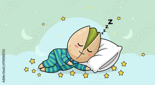 A Sleeping Pistachio Nut Cartoon Character Dreaming Among The Stars For Comfort