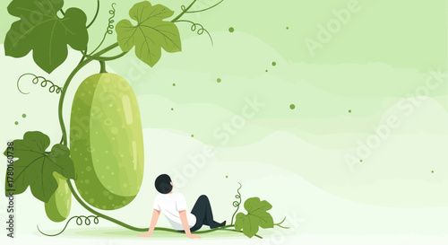 A Person Contemplating a Large Green Gourd in a Serene and Peaceful Setting