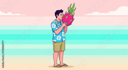 A Person Enjoying a Dragon Fruit, Tropical Vacation, And Beach Scenery