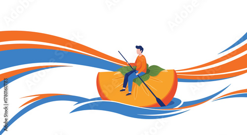 A Person Drifting On A Citrus Boat With Abstract Fluid Lines And Dynamic Forms