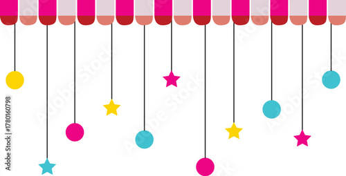 Colorful hanging decorations with stars and balls under a striped canopy design. Perfect for party invitations, festive borders, celebration backgrounds, or event graphics.