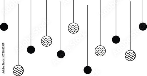 Minimalist hanging ornaments vector with black and patterned balls suspended on strings. Perfect for holiday, festive, or decorative designs.